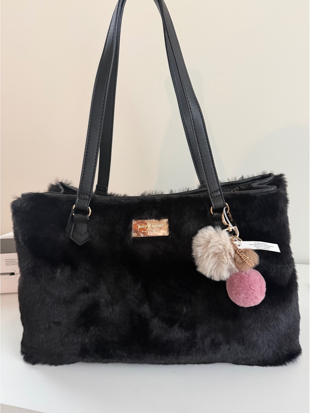 Juicy Couture Black Faux Fur Tote Bag with Pom Pom Charm